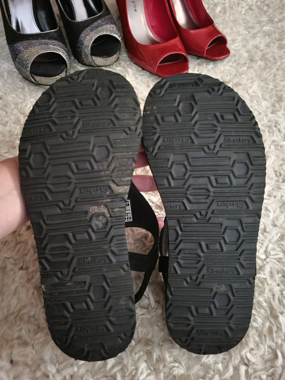Skechers Cali Yoga Foam Black Crystal Embellished Thong Sling Back Sandals Sz 7